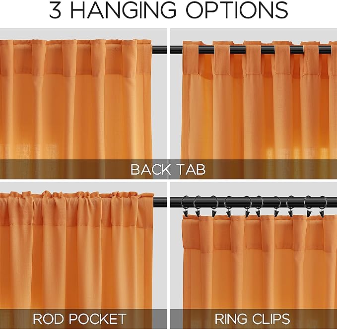 Orange Linen Cafe Kitchen Short Curtains 24 Inch Length 2 Panels Semi Sheer Linen Rustic Curtain Light Filtering Valances with Back Tab Rod Pocket for Boho Small Windows Cafe Bathroom 30Wx24L
