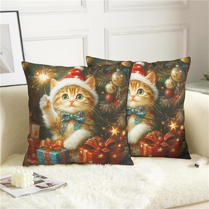 Christmas Pillow Covers 22x22 Set of 2 Adorable Cat Xmas Throw Pillow Covers Lovely Kitten Holding Sparklers Pillowcase Cotton Linen Cushion Case for Holiday Decor Sofa Couch