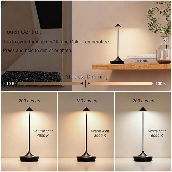 Rechargeable Cordless Table Lamp, Battery Operated LED Lamps | 3-Color Stepless Dimmable, Portable IP54 Waterproof Outdoor Lamps for Patio Dining Bar Home Office (1-Pack Black)