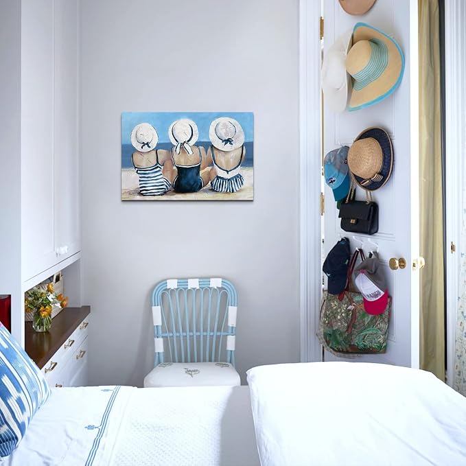 Beach Girls Wall Art Coastal Room Wall Decor Vintage Ocean Landscape Picture Nautical Bathroom Canvas Prints 16x24”, Retro Seascape Poster Swimsuit Girl Painting Modern Artwork Bedroom Decoration