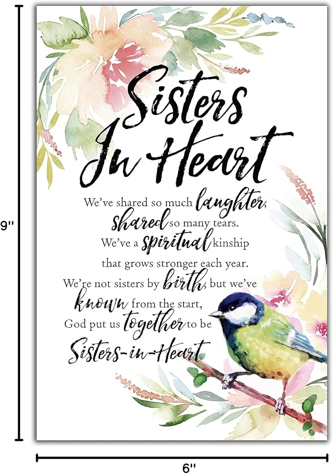 DEXSA Sisters In Heart Wood Plaque with Inspiring Quotes 6"x9" - Elegant Frame Wall & Tabletop Decoration | Easel & Hanging Hook | Christian Family Religious Home Decor Saying | Made in the USA