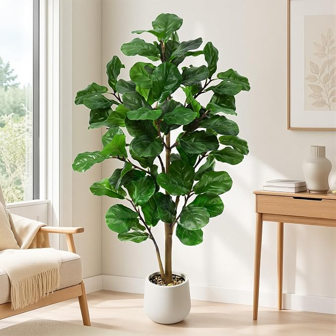 Faux Fiddle Leaf Fig Tree 5ft Tall Indoor Fake Tree in White Pot with 70 Leaves Artificial Ficus Lyrata House Plant for Indoor Home Office Bedroom Living Room Decor Perfect Housewarming Gift