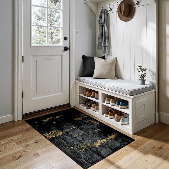RELEANY Washable Area Rugs 3x4 Non-Slip Modern Abstract Soft for Living Room Entryway Bedroom Nursery, Print Pattern, Dark Black Gold