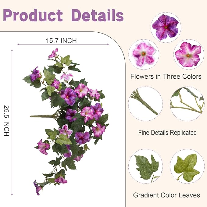 2PCS Artificial Petunia Flowers for Outdoors, Fake Flowers for Outdoor Planters UV Resistant Faux Silk Petunias for Garden Porch Yard Balcony Patio Realistic Home Kitchen Decor(Gradient Purple)
