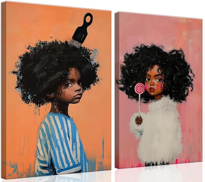 Black Kids Wall Art - Afro American Children Canvas Prints, Modern African American Portrait Paintings for Girls Bedroom, Cute Black Girl Nursery Art, Cultural Wall Decor， Framed12 x 16inches X2piece