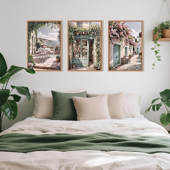 Modern French Flower Street Framed Canvas Wall Art Set,Romantic Green Landscape Wall Decor,Vintage Mediterranean Bookstore Neutral Coast Cityscape Artwork for Living Room, Bedroom-16 x24 x3