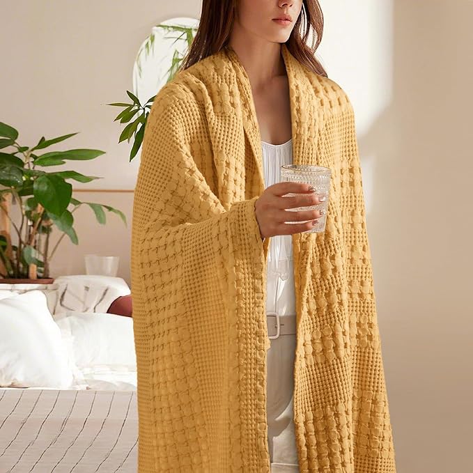 PHF 100% Cotton Waffle Throw Blanket for Couch, Lightweight Breathable and Soft for Summer, Luxury Aesthetic Waffle Weave Blanket for Home Decor & Office, Gifts for Women, 50"x60", Pumpkin Orange