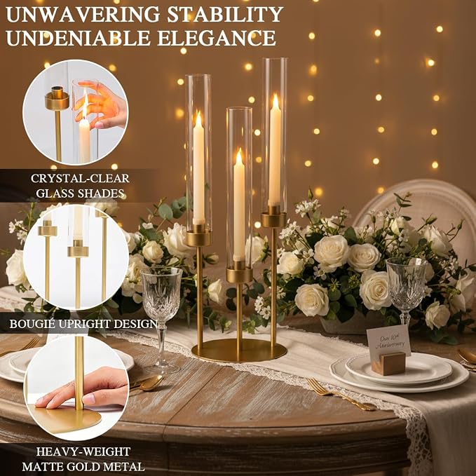LETINE 3-Arm Gold Candelabra, Tall Candle Stick Holder 23.03",Candelabras with Glass Lampshade & Heavy Base - Ideal Candelabra Centerpieces for Indoor Outdoor Tables Wedding Party Decor (1 Pack)