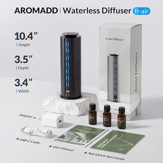 Aromadd 1700 Sq Ft Hotel Collection Diffuser, Portable Waterless Diffuser, 100ml Scent Air Machine for Home Cold Air Essential Oil Diffuser for Large Room Office, Quiet