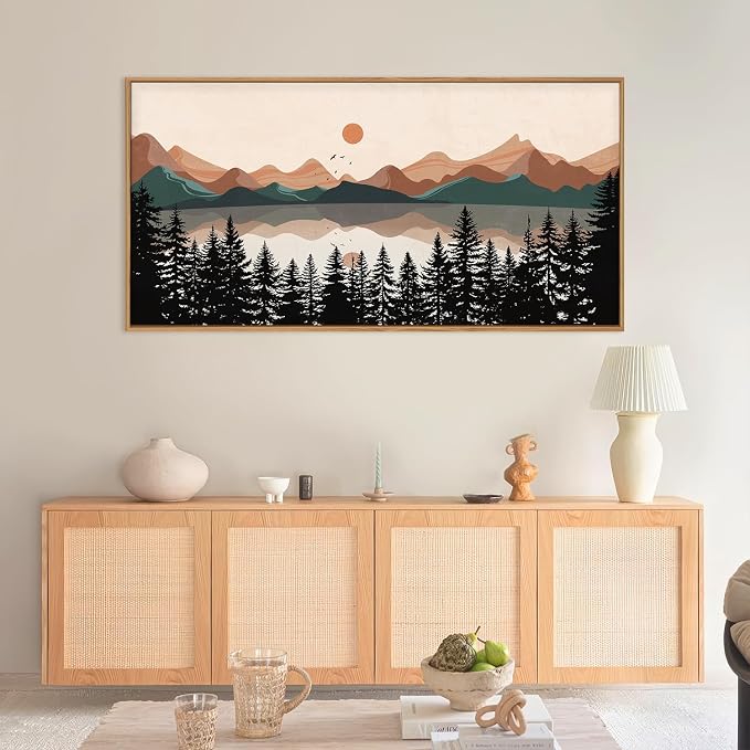 KAIRNE Boho Mountain Sunset Framed Canvas Wall Art Set,Colorful Mid Century Forest Wall Decor,Beige Nature Pine Tree Art Prints,Abstract Modern Landscape Artwork for Living Room,Bedroom,Farmhouse,Office-40"x20"x1