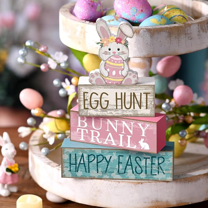 Lineshading 4 Pcs Easter Bunny Table Decor Wooden Pastel Bunny - 3-tier Wooden Tabletop Sign with 3D Floral Rabbit & Egg, Rustic Farmhouse Decorations for Home Easter Egg Hunt Party Centerpiece Gift