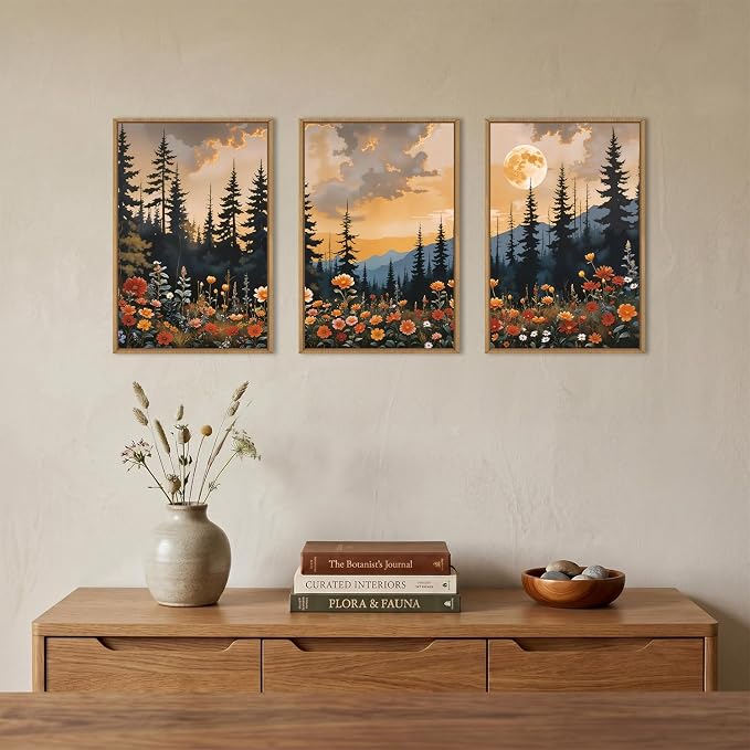 KAIRNE Mountain Wildflower Landscape Framed Canvas Wall Art Set,Vintage Moon Pine Tree Wall Decor,Rustic Forest Art Prints,Retro Scenery Artwork for Living Room,Bedroom,Farmhouse,Office-16 x24 x3