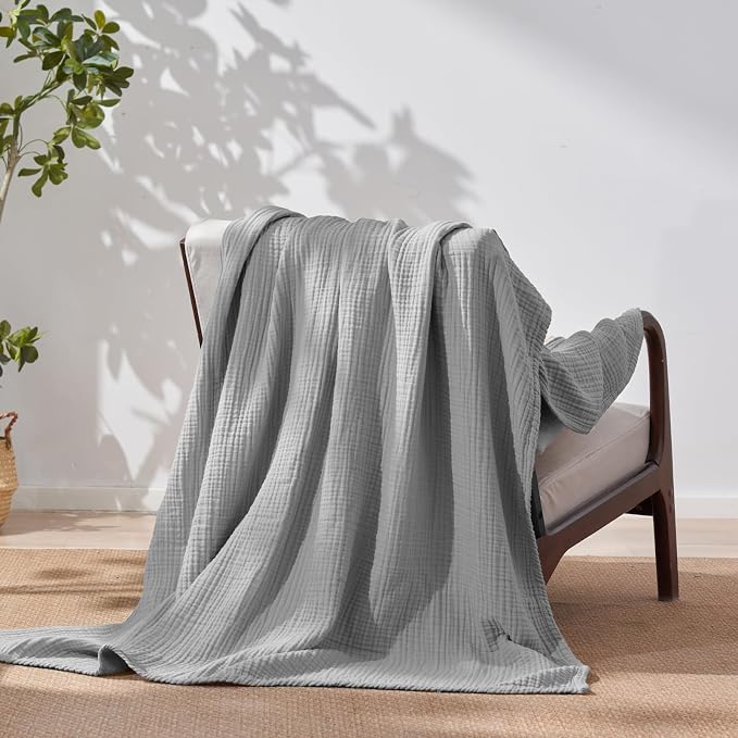 David's Home 100% Cotton Muslin Throw Blanket for College Dorm, 4-Layer Soft Breathable Lightweight Comfy Cozy Throw Guaze for Hot Sleepers, 3D Bubble Room Decor for Bed, Giftable, Dark Grey, 50"x70"