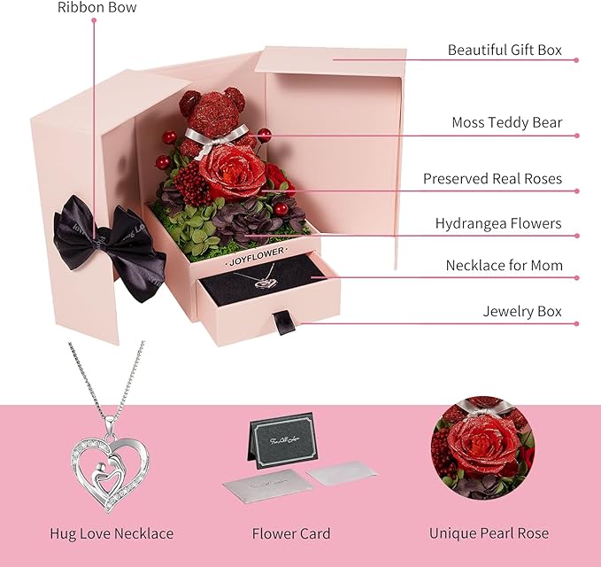 JoyFlower Preserved Flowers with Necklace Gifts for Mom, Unique Pearl Rose Eternal Flower Bear with Necklace Gift for Grandma, Preserved Real Red Roses Birthday for Mother Grandma