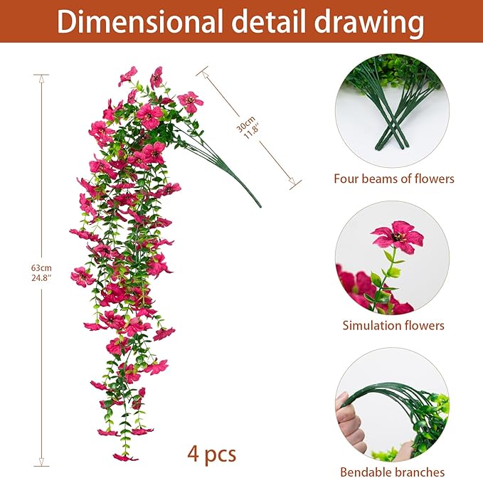 LikSoor 4 Pcs Artificial Outdoor Hanging Plants Spring Summer Decoration UV Resistant Faux Silk Flowers for Outside, Garden, Porch, Window, Home Decor (Rose Red)