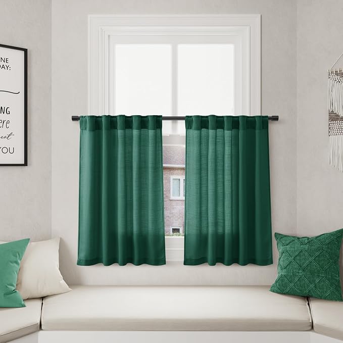 Dark Green Cafe Curtains 30 Inch Length Linen Privacy Light Filtering Pleated Short Curtain Rod Pocket Back Tab Design Shabby Chic Kitchen for Bathroom Laundry Room Small Window 2 Panels 26Wx30L