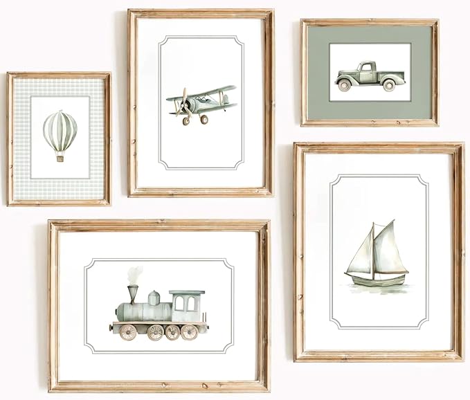 Sage Green Nursery Wall Art Boys Room Canvas Poster Kids Wall Decor Vintage Vehicle Prints Baby Toddler Pictures Transportation Plane Painting Train Truck Artwork for Bedroom 12x16 Inch Unframed