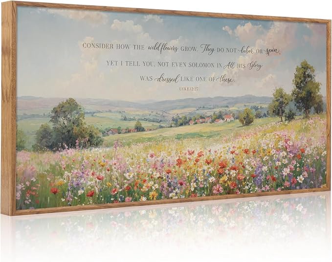 CHDITB Consider How the Wildflowers Grow Luke 12:27 Wall Art Framed, Farmhouse Countryside Landscape Bible Verses Scripture Canvas Artwork, Large Vintage Religious Biblical Wilderness Pastoral Scenery florals Field Meadow Painting Decor for Living Room...
