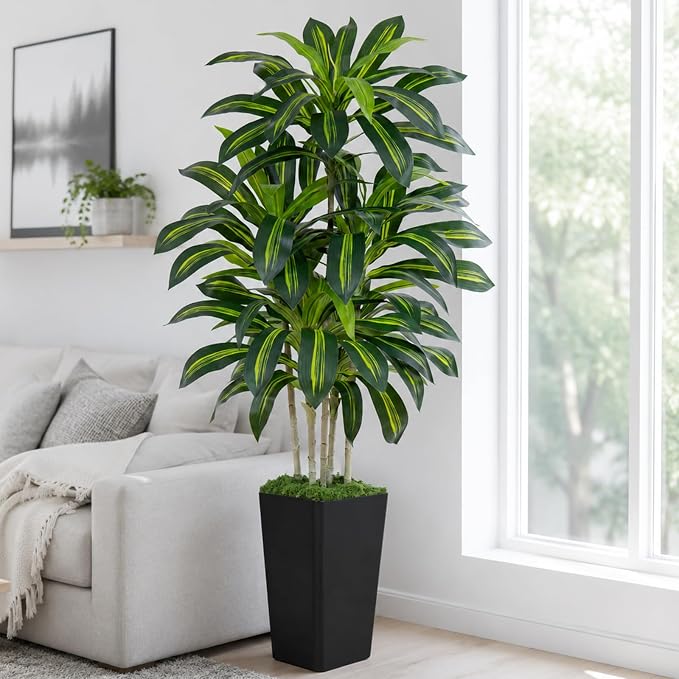 Dracaena Plant Artificial Tree 5Ft Tall Fake Tropical Floor Plants Potted (Real Touch) Artificial Silk Tree Leaf Faux Trees Black Tall Planter for Home Office Living Room Indoor Outdoor Decor