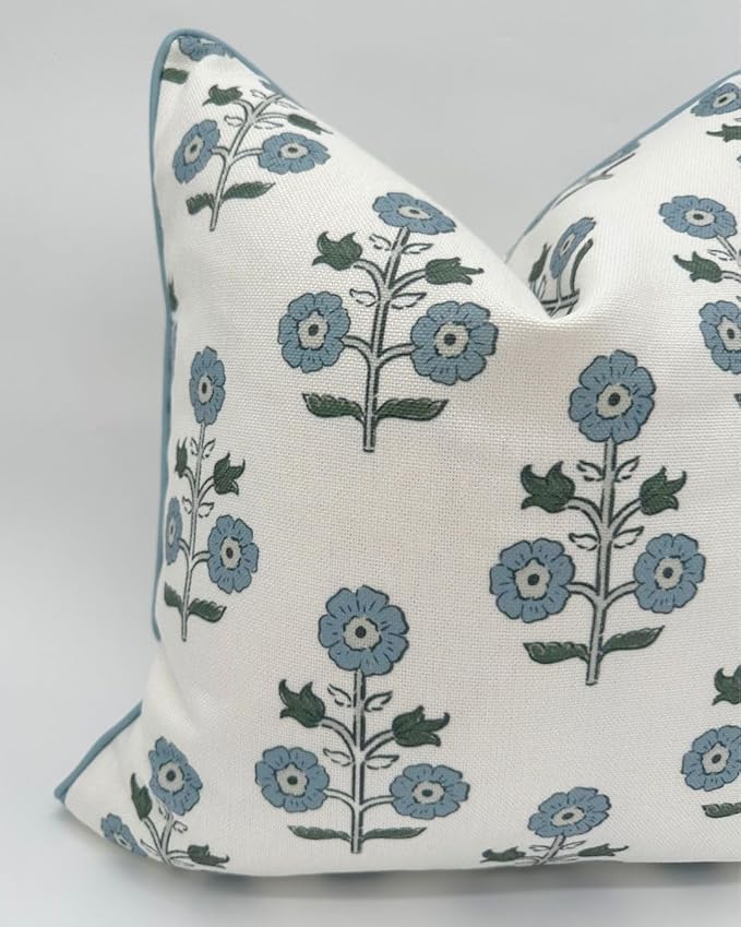 Jillien Harbor "The Stella” Floral Block Print Pillow Cover – Blue & White Decorative Throw Pillow Cover with White Background – Grandmillennial Home Decor, 20" x 20"