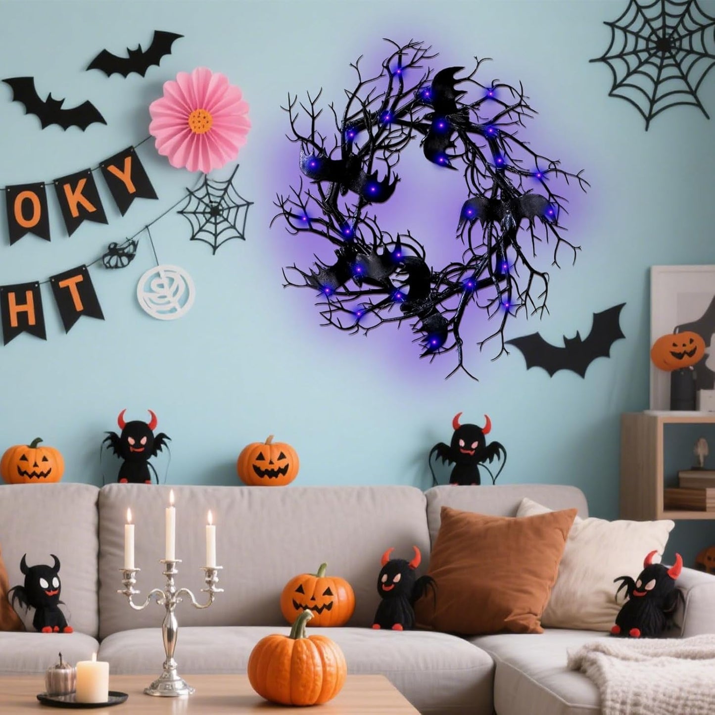 Halloween Black Branch Wreath - 18 Inch Black Twig Halloween Bat Wreaths for Indoor Outdoor Party Window Wall Decor Farmhouse Garland Yard