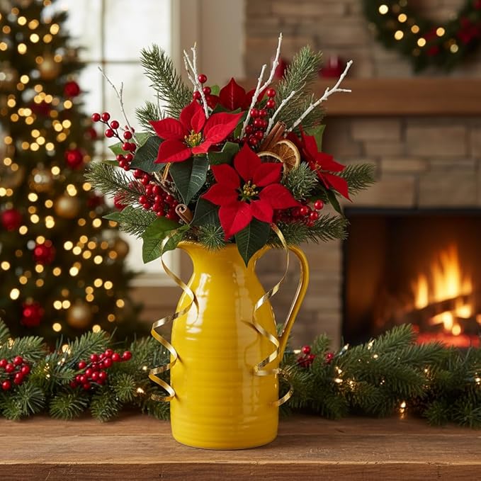 hjn Farmhouse Pitcher Vase for Flowers- Decrative Pitchers White Ceramic Pitcher Yellow Vase for Your Kitchen/Home Decor/Office/Living Room/Bookshelf/Mantel/-Yellow