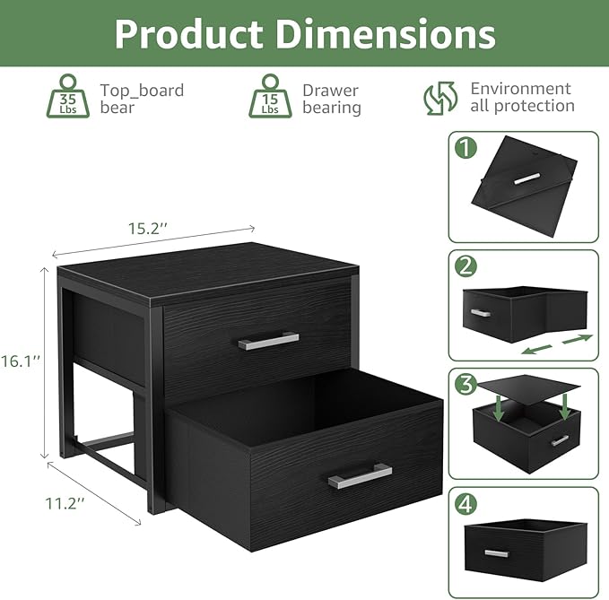 BOLUO Stackable Storage Drawers Closet Organizers and Storage Fabric Black 2 Drawer Dresser for Bedroom Modern