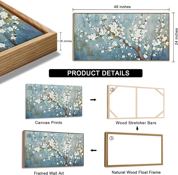 yearainn Framed Floral Tree Wall Art – White Flowers Green Leaves Branches Picture, Vintage Blue-Turquoise Background, Watercolor Artwork for Home Decor, Ready to Hang, Natural Wood Frame, 24" x 48"