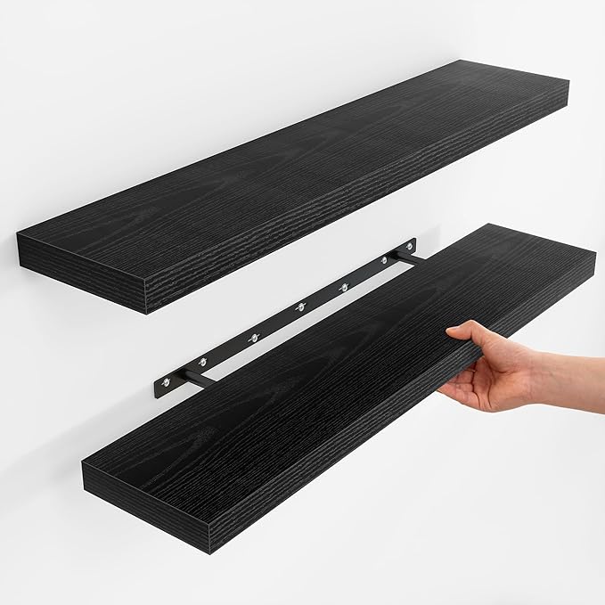 Fun Memories Floating Shelves for Wall, Rustic Wood Wall Mounted Shelves for Bathroom, Bedroom, Living Room & Kitchen, Storage Display Shelves, (Set of 2, Black, 36 in)