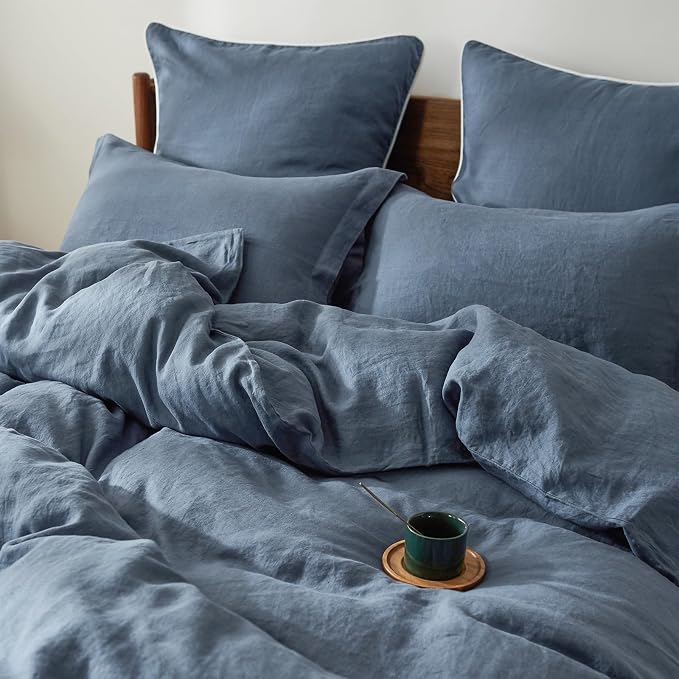 100% French Linen Pillow Shams Basic Style - Pack of 2 - Washed Solid Color Natural Flax Soft Breathable - Classic Blue, 20'' x 36''