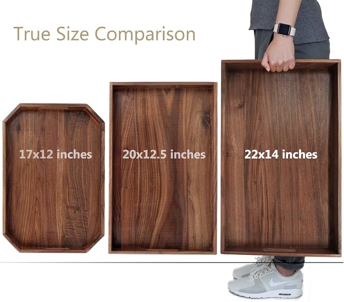 22 x 14 Inches Large Rectangle Black Walnut Wood Ottoman Tray with Handles, Serve Tea, Coffee, Classic Wooden Decorative Serving Tray