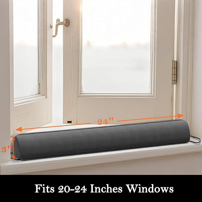 Sunolga 2 Pack Door Draft Stopper Filled with Glass Beads & Cotton, 24 Inches Removable Machine Washable Sound Proof Under Door Draft Blocker with Anti-Abrasion Bottom for Door and Window, Gray