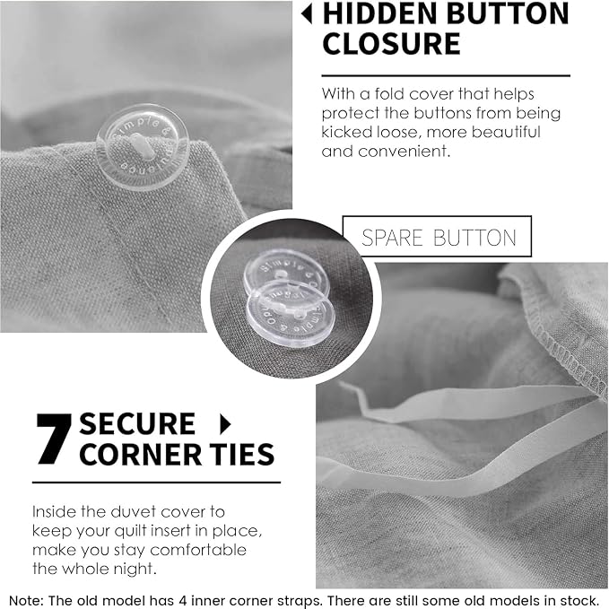 Simple&Opulence 100% Linen Duvet Cover Set 3pcs Basic Style Natural French Washed Flax Solid Color Soft Breathable Farmhouse Bedding with Button Closure - Light Grey, Queen