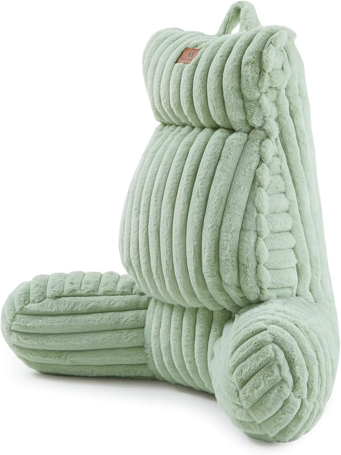 Amélie Home Faux Fur Reading Pillow with Pocket for Sitting in Bed, Adult Backrest Bed Pillow with Washable Cover for Lounging, Watching TV/Gaming/Resting/Post/Surgery/Nursing, Sage Green 29 inches