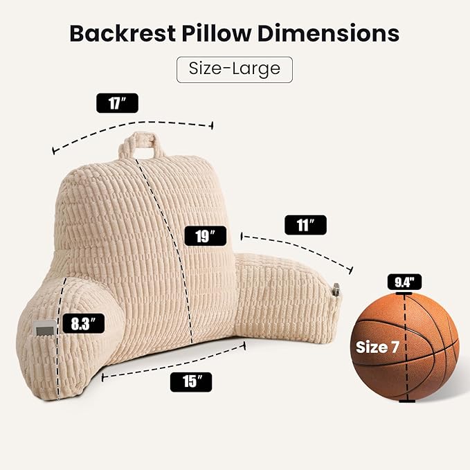 Large Reading Pillow for Sitting Up with Arms,White Corduroy | Back Pillow for Adults Backrest,19" Sitting Pillow Supports Reading,Gaming & Relaxing in Bed,Couch,Floor