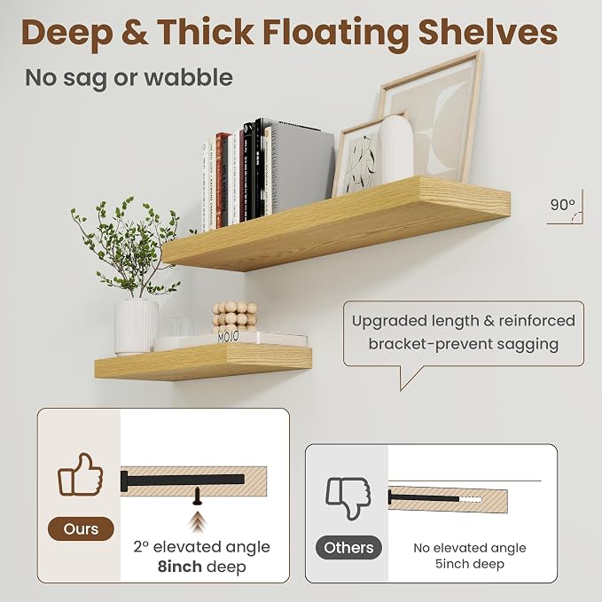 36 Inch Floating Shelves for Wall, 8 Inch Deep Floating Shelf for Storage & Display, Rustic Wall Mounted Shelf with Invisible Brackets for Living Room, Kitchen, Bathroom, Home Decor, Set of 2, Oak