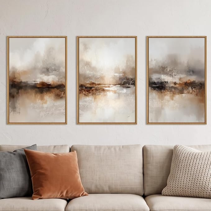 Large Abstract Brown Pastel Framed Canvas Wall Art,Neutral Black Gray Wall Decor,Modern Brush Stroke Painting,Minimalist Textured Artwork for Living Room,Bedroom,Dining Room,Office -16"x24"x3