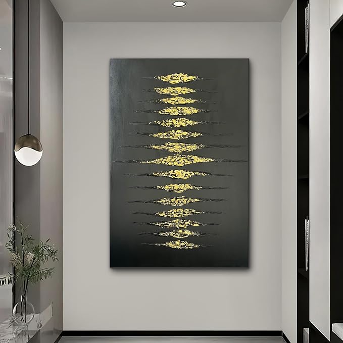 Creespi Hand-Painted Abstract Black and Gold Textured Wall Art 30x45 inch,Large Minimalist 3D Thick Texture Oil Painting on Canvas for Home Wall Decoration