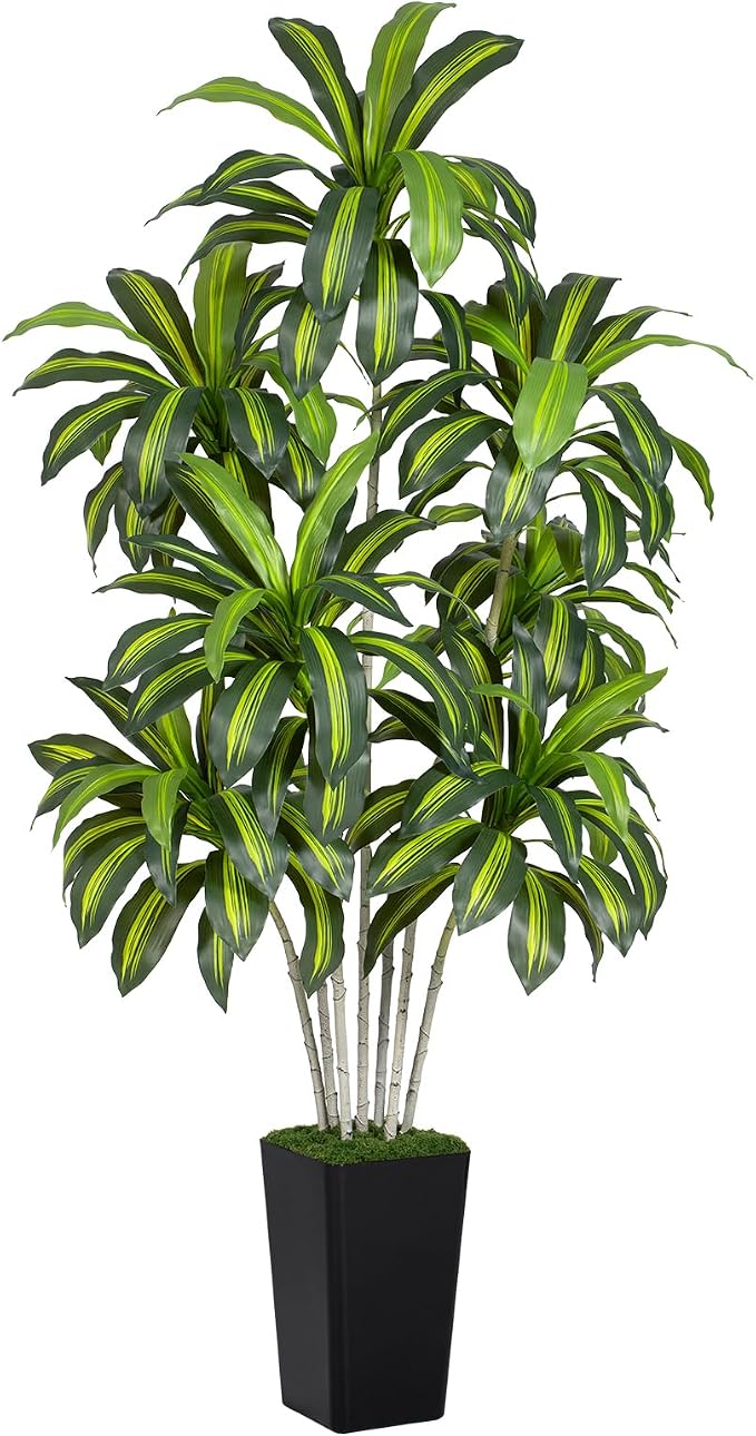 Dracaena Plant Artificial Tree 7Ft Tall Fake Tropical Floor Plants Potted (Real Touch) Artificial Silk Tree Leaf Faux Trees Black Tall Planter for Home Office Living Room Indoor Outdoor Decor