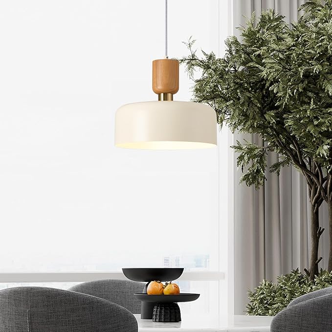 TeHenoo Modern Pendant Lighting, Soft Cream, 12 inch | Natural Wood and Brass Accent, Adjustable, For Kitchen Island, For Dining Room