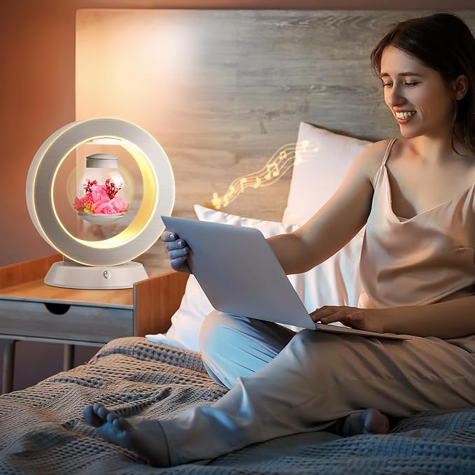 LoveLin,Magnetic Levitation Table Lamp with Bluetooth Speaker,5W Circle Variable Color Led Night Light,Rotate 360° Forever,Romantic Preserved Flowers Lamp for Restaurant Office & Home Decor