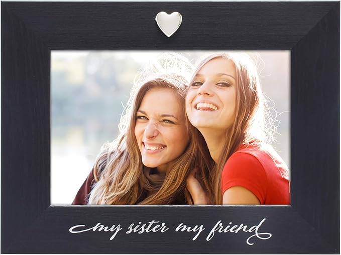 MIMOSA MOMENTS "My Sister My Friend Black 4x6 Picture Frame with Silver Heart Ornament, Tabletop Display, Birthday Gift for Sister from Sister Brother, Friendship Keepsake