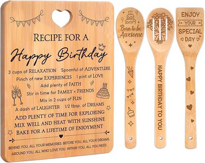 Birthday Gifts for Women - "Recipe for a Special Happy Birthday" Birthday Gifts for Men Cutting Board Set, Bamboo-Made Engraved Utensil Set Gifts for Women Birthday.