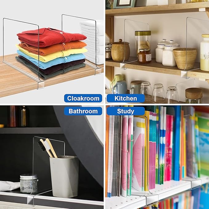 Acrylic Shelf Dividers, Clear Shelf Divider for Closet Organization 12PCS Closet Shelf Divider Closet Dividers for Shelves Shelf Organizer for Closet Shelf Organizer for Wood Closet Cabinets Separator