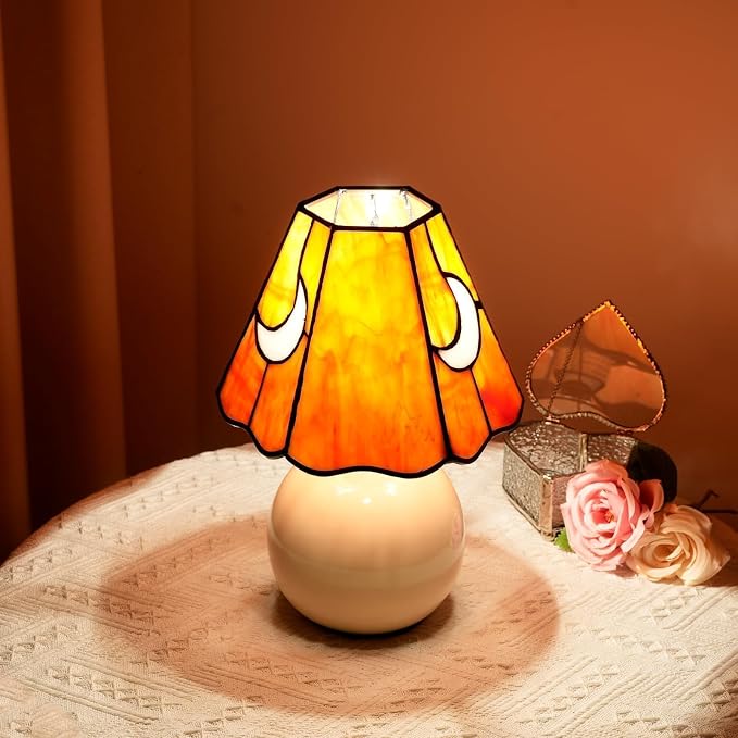 Tiffany Style Moon Mushroom Stained Glass Table Lamp Orange Small Table Lamp Bedroom Bedside lamp Living Room Dining Room Office Decoration Desk lamp Home Decoration Creative Gift