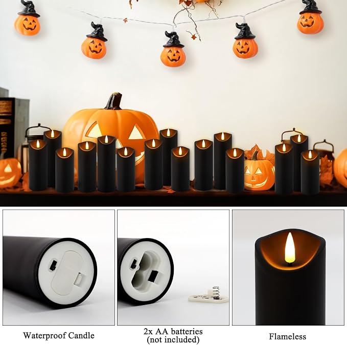 24 Pack Black Halloween Decoration Flickering Flameless Candles(D2.2 xH 5" 6" 7"), Battery Operated LED Pillar Candles with Remote Control and Timer,for Home Decor.