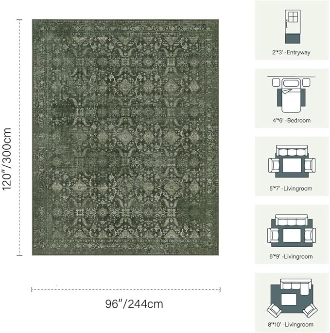 Rugxara 8x10 Area Rugs for Living Room Bedroom, Large Washable Rug, Green Vintage Floral Boho Rug, Non Slip & Low Pile Faux Wool Thin Carpet for Indoor Dining Room and Kids Room(Green 8x10ft)