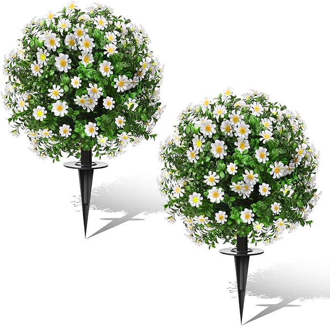 FAJUNZH Artificial Topiary Bushes for Outdoors with Spike, Boxwood Ball Fake Shrubs UV Resistant Faux Plants for Indoor Outdoor Fall Thanksgiving Halloween Decor (Sunflower Boxwood White -2 Packs)