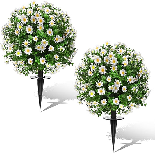FAJUNZH Artificial Topiary Bushes for Outdoors with Spike, Boxwood Ball Fake Shrubs UV Resistant Faux Plants for Indoor Outdoor Fall Thanksgiving Halloween Decor (Sunflower Boxwood White -2 Packs)