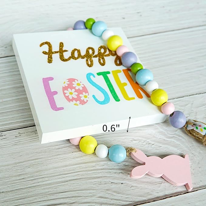 Easter Decorations, 5Pcs Easter Gnome Tiered Tray Decor, Glitter Easter Wood Signs, Truck Full of Eggs, Easter Bunny Gnome Plush, Spring Easter Bead Garland,Rustic Farmhouse Spring Easter Decor